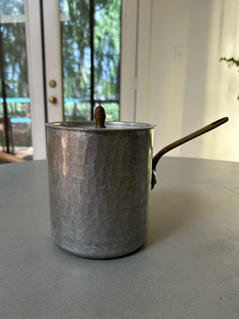 Vintage Maufer France Aluminum Saucepan Pot with Lid Brass Handle